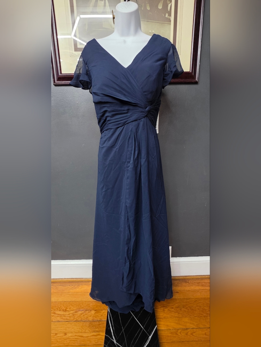 Lavetir V-Neck Navy Blue Ruched Maxi Dress
